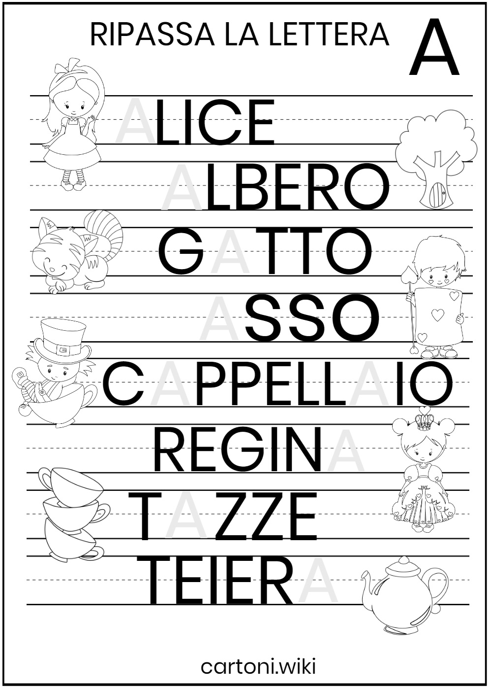 Ripassa la lettera A in stampatello e colora