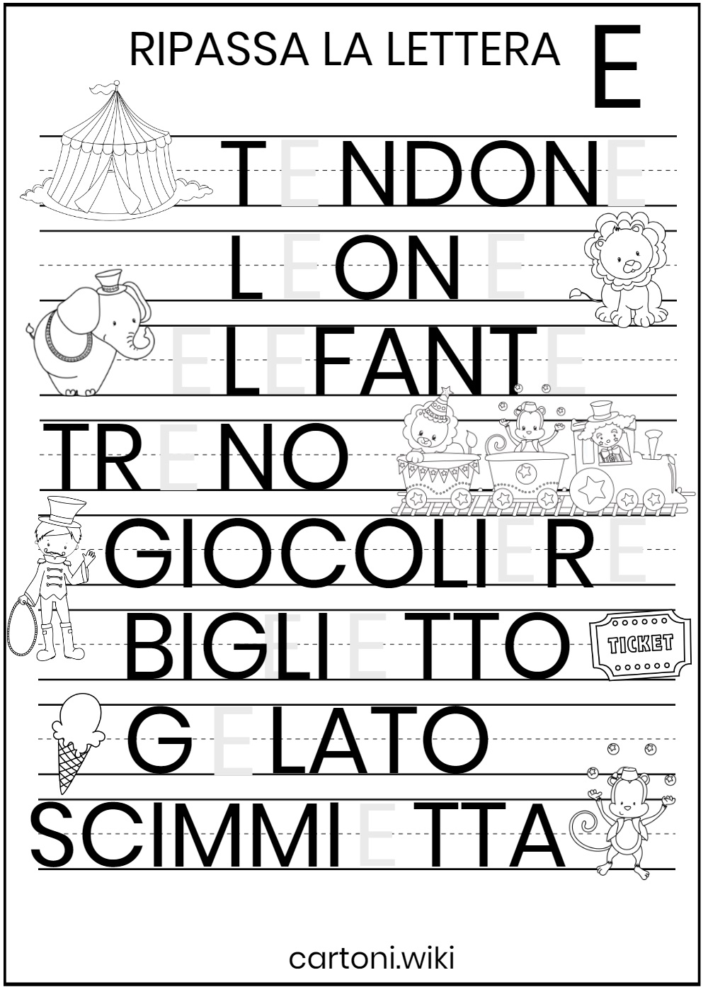 Scrivi la lettera E in stampatello