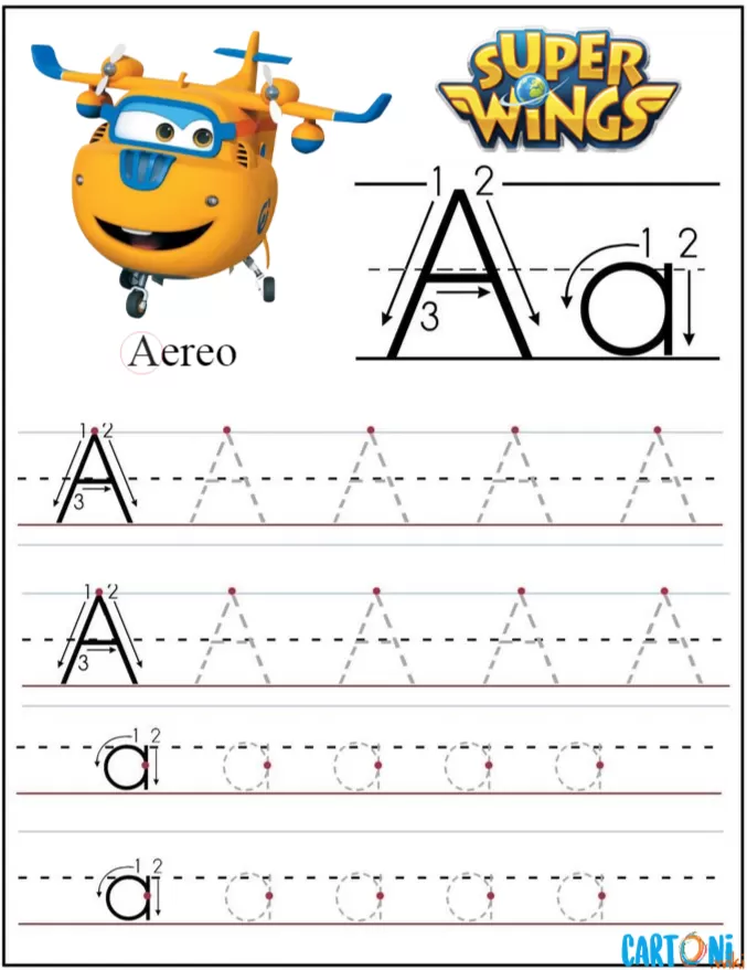 Super Wings scrivi la lettera A in corsivo e stampatello