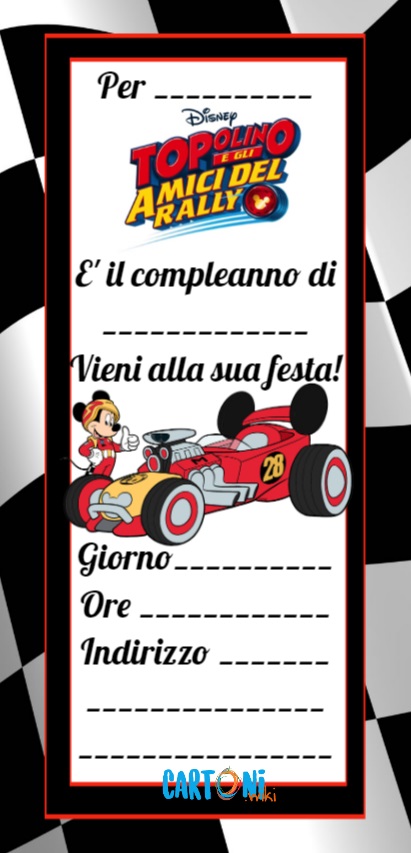 Invito festa compleanno Topolino e gli amici del rally da stamapre gratis online - Inviti feste compleanno bambini- Mickey mouse party invitation