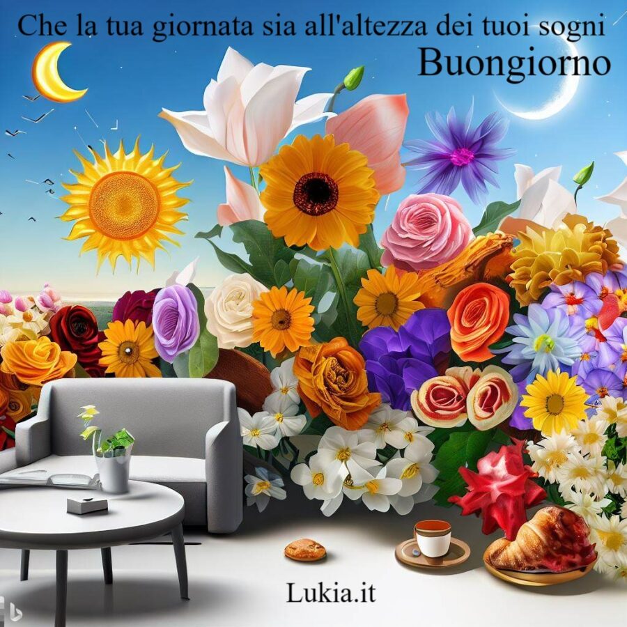 Un'iniezione di gioia con fiori, sole, luna e caff Immagine Buongiorno con caff sole girasoli e tanti colori per augurare una buona giornata a tutti i tuoi amici - Immagini gratis