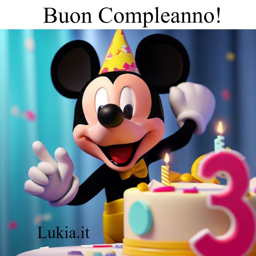 Buon compleanno con Topolino: Biglietto di Auguri con Candelina Numero 3 da Stampare Gratis! Immagine buon compleanno bambino 3 anni con topolino grande torta e candelina con il numero 3. Stampa gratis per creare un biglietto di auguri - Immagini gratis