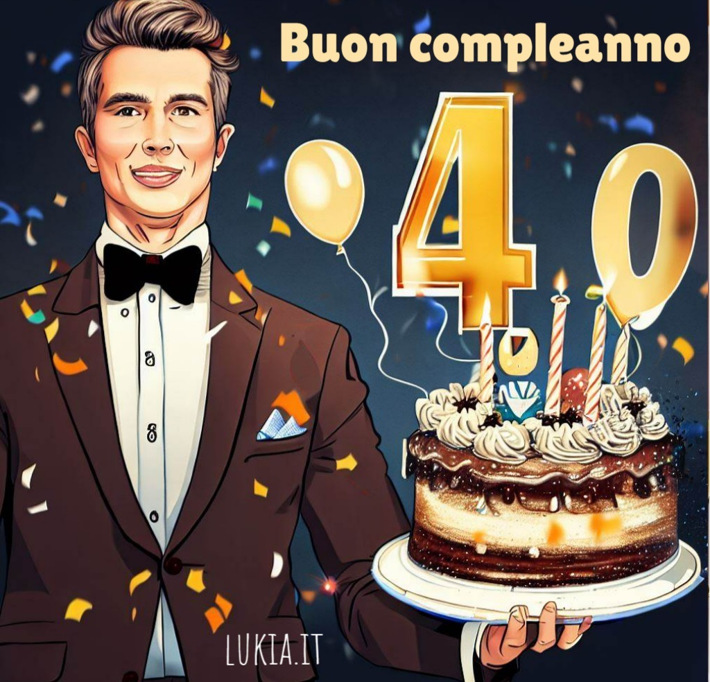 Biglietto di auguri di compleanno per uomo che compie 40 anni: Stampalo gratis! Biglietto di auguri buon compleanno 40 anni con palloncini a forma di numero 40, la torta e un uomo molto elegante. Stampa gratis o personalizza questa immagine - Immagini gratis