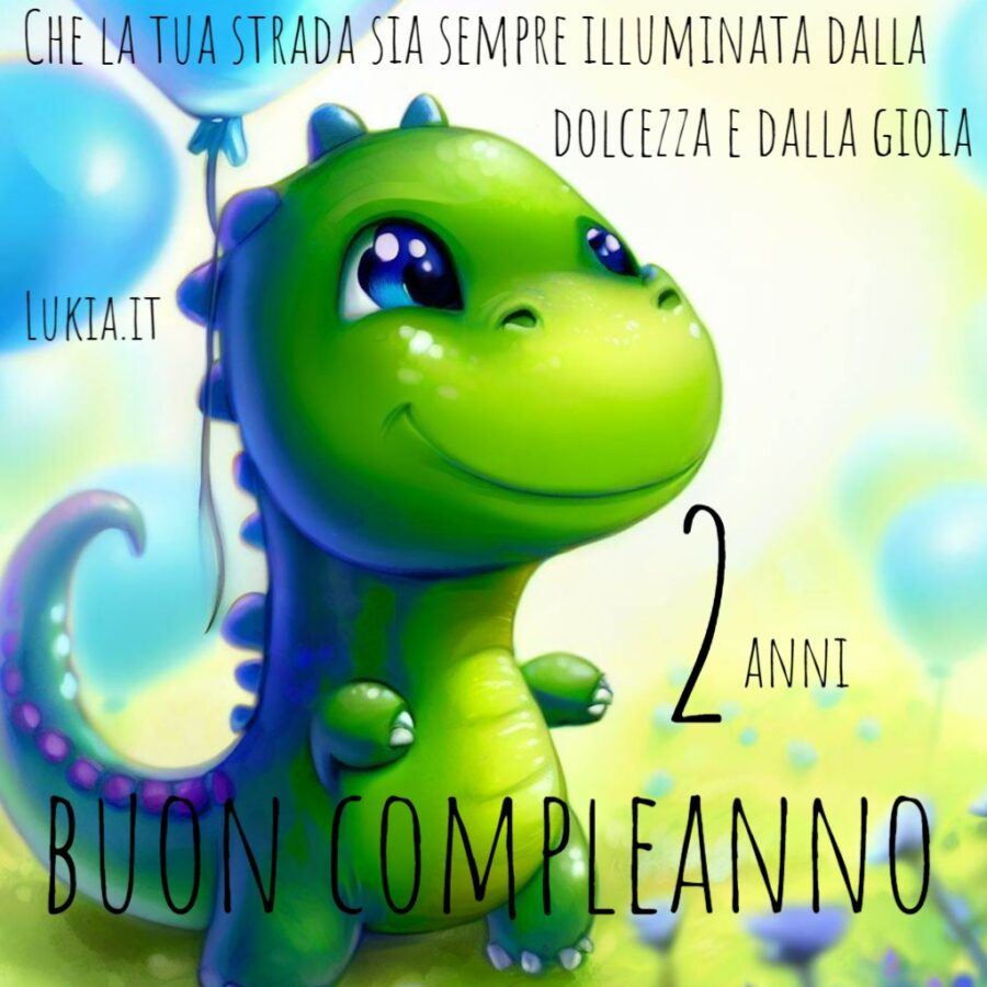 Buon Compleanno al Bambino che Compie 2 Anni: Un Draghetto Verde e Palloncini Blu Biglietto di auguri Buon compleanno 2 anni! Draghetto e palloncini verdi ti augurano che la tua strada sia illuminata dalla dolcezza e dalla gioia.  - Immagini gratis