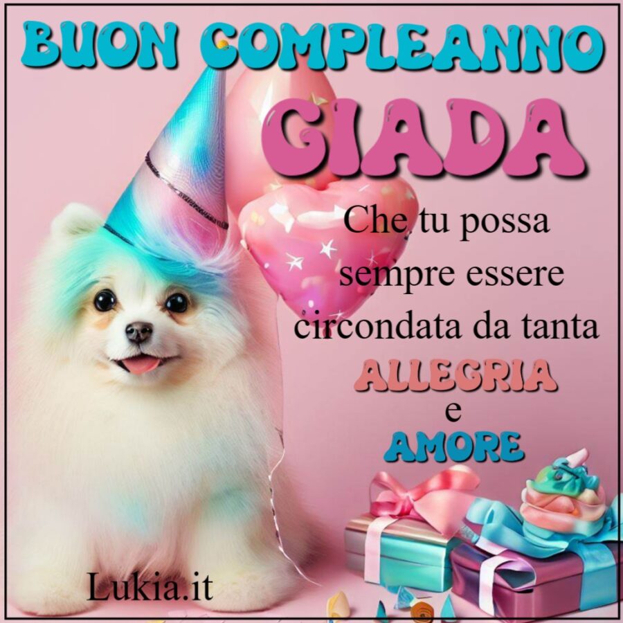 Biglietto di auguri buon compleanno Giada con cagnolino rosa palloncini e regali da stampare gratis