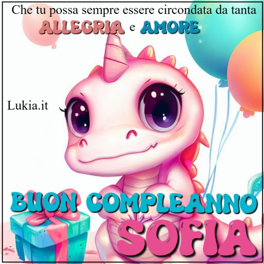 Un Biglietto di Auguri Speciale per Sofia: Il Dolce Draghetto Rosa Oggi condivido un regalo speciale per Sofia, una bambina molto speciale. Un biglietto di auguri gratuito con un tenero draghetto rosa tra nuvole e palloncini colorati. Personalizzatelo con il suo nome e una frase affettuosa. 