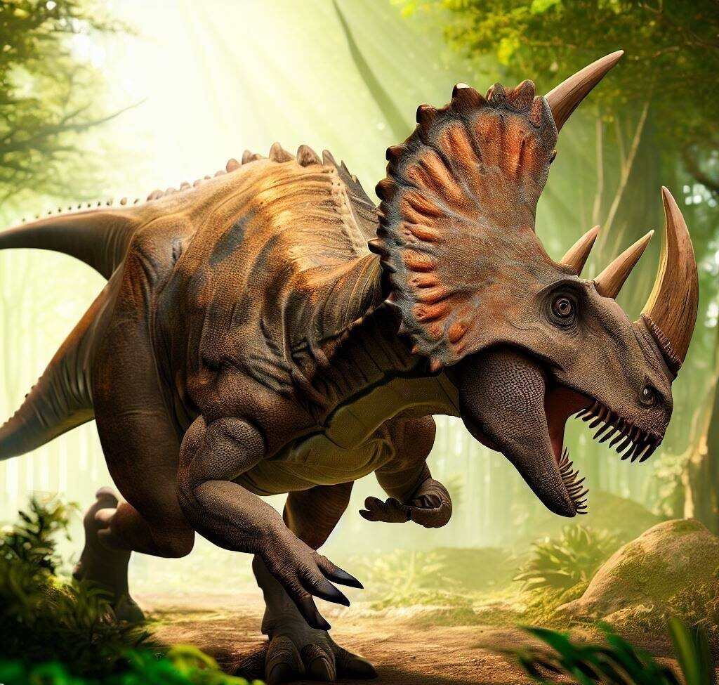 Triceratops un dinosauro a tre corna Il Triceratops è stato un grande dinosauro erbivoro del periodo cretaceo. Era caratterizzato dalla sua testa massiccia con tre corna e un grande collare osseo. Questo dinosauro è famoso per la sua potente difesa e il suo aspetto imponente. Il Triceratops era un erbivoro pacifico, ma la sua struttura robusta lo rendeva un avversario formidabile per i predatori. - Immagini gratis