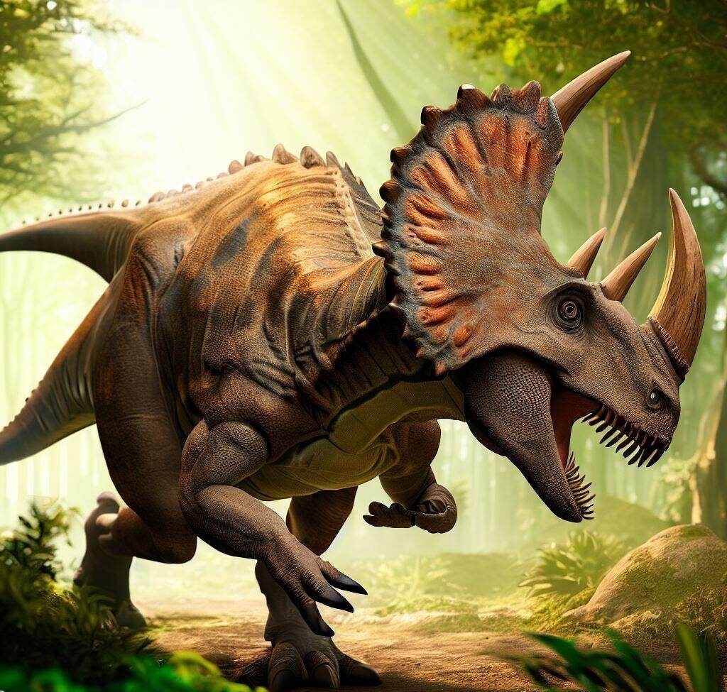 Triceratops un dinosauro a tre corna Il Triceratops  stato un grande dinosauro erbivoro del periodo cretaceo. Era caratterizzato dalla sua testa massiccia con tre corna e un grande collare osseo. Questo dinosauro  famoso per la sua potente difesa e il suo aspetto imponente. Il Triceratops era un erbivoro pacifico, ma la sua struttura robusta lo rendeva un avversario formidabile per i predatori. - Immagini gratis