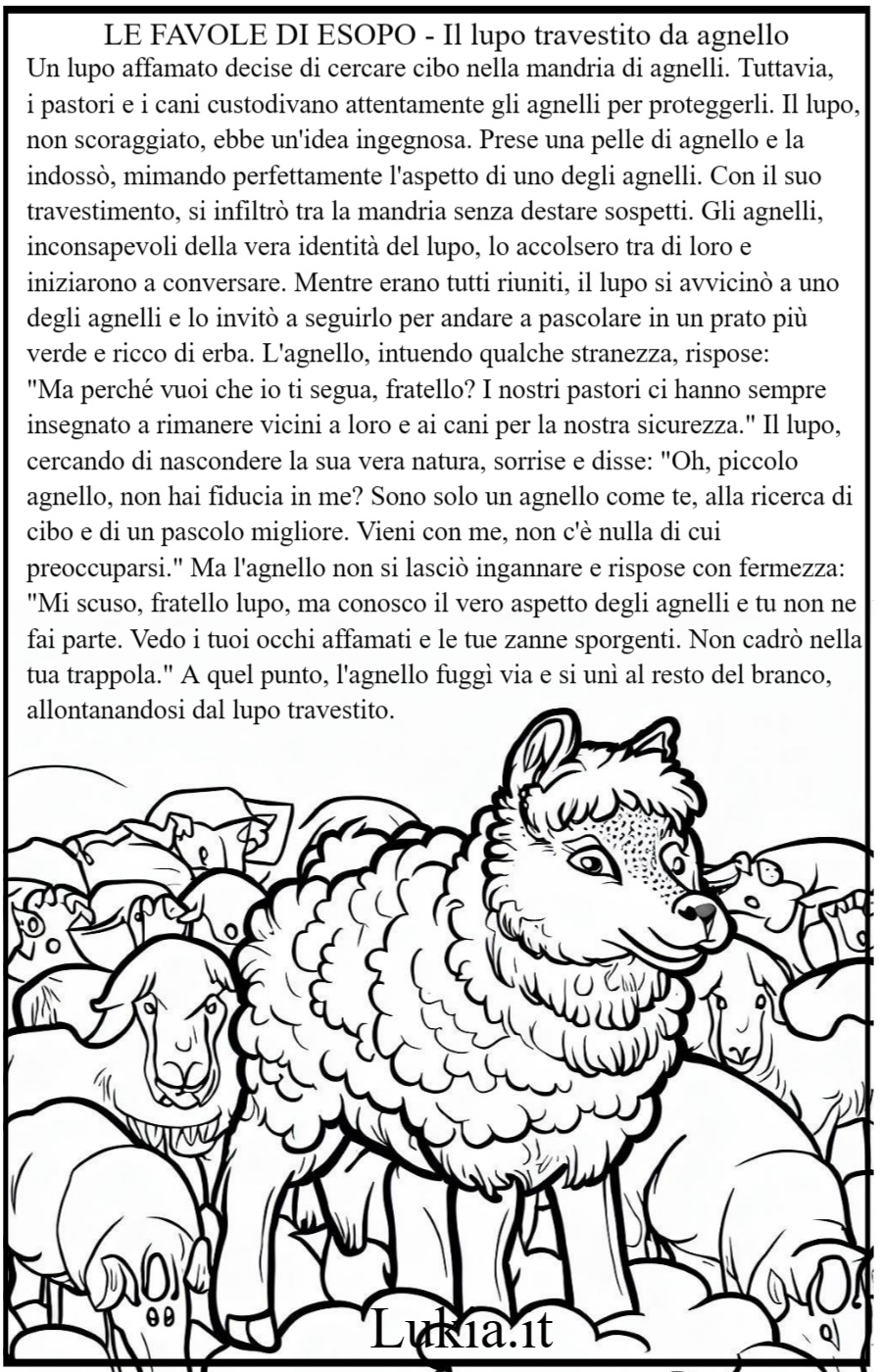 Esplora la favola di Esopo: Il Lupo Travestito da Agnello e Altri Disegni da Colorare per Bambini Esplora l'intrigante favola de 'Il lupo travestito da agnello' con il nostro disegno da colorare. Scopri il mistero del lupo ingannatore mentre dai vita al suo travestimento attraverso i colori. Svela l'essenza dell'inganno e della vigilanza, creando un'opera d'arte che cattura l'ironia della storia. Divertiti colorando e immergiti nella lezione di questa fiaba intramontabile. - Immagini gratis