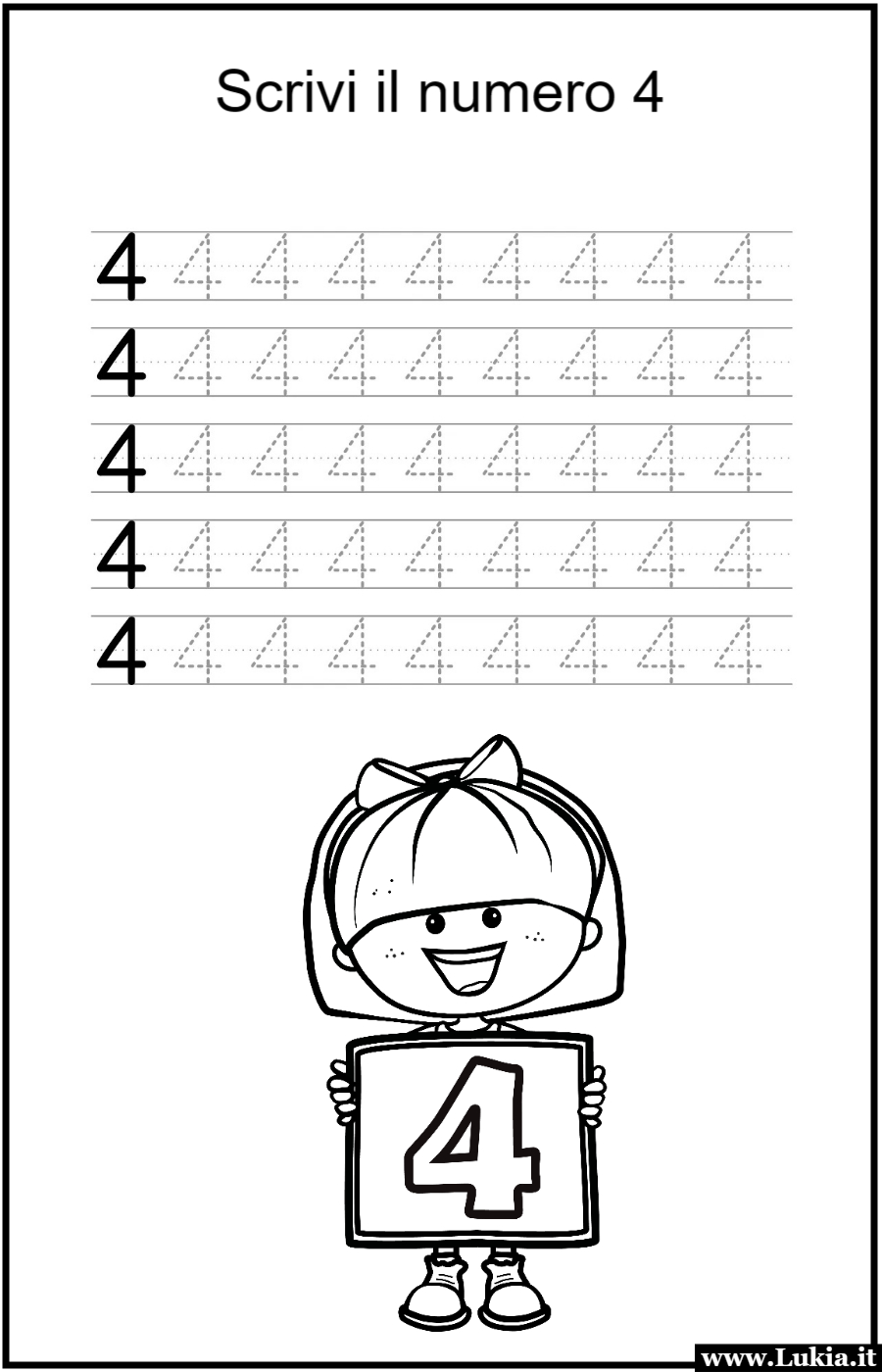 Scheda didattica per la classe prima elementare: scrivere il numero 4! Stampa gratuitamente una scheda didattica per la classe prima elementare per imparare a scrivere il numero 4. I bambini potranno praticare la scrittura del numero 4 seguendo le linee tratteggiate sulla scheda. Scarica e stampa questa risorsa gratuita per un apprendimento interattivo e divertente del numero 4! - Immagini gratis