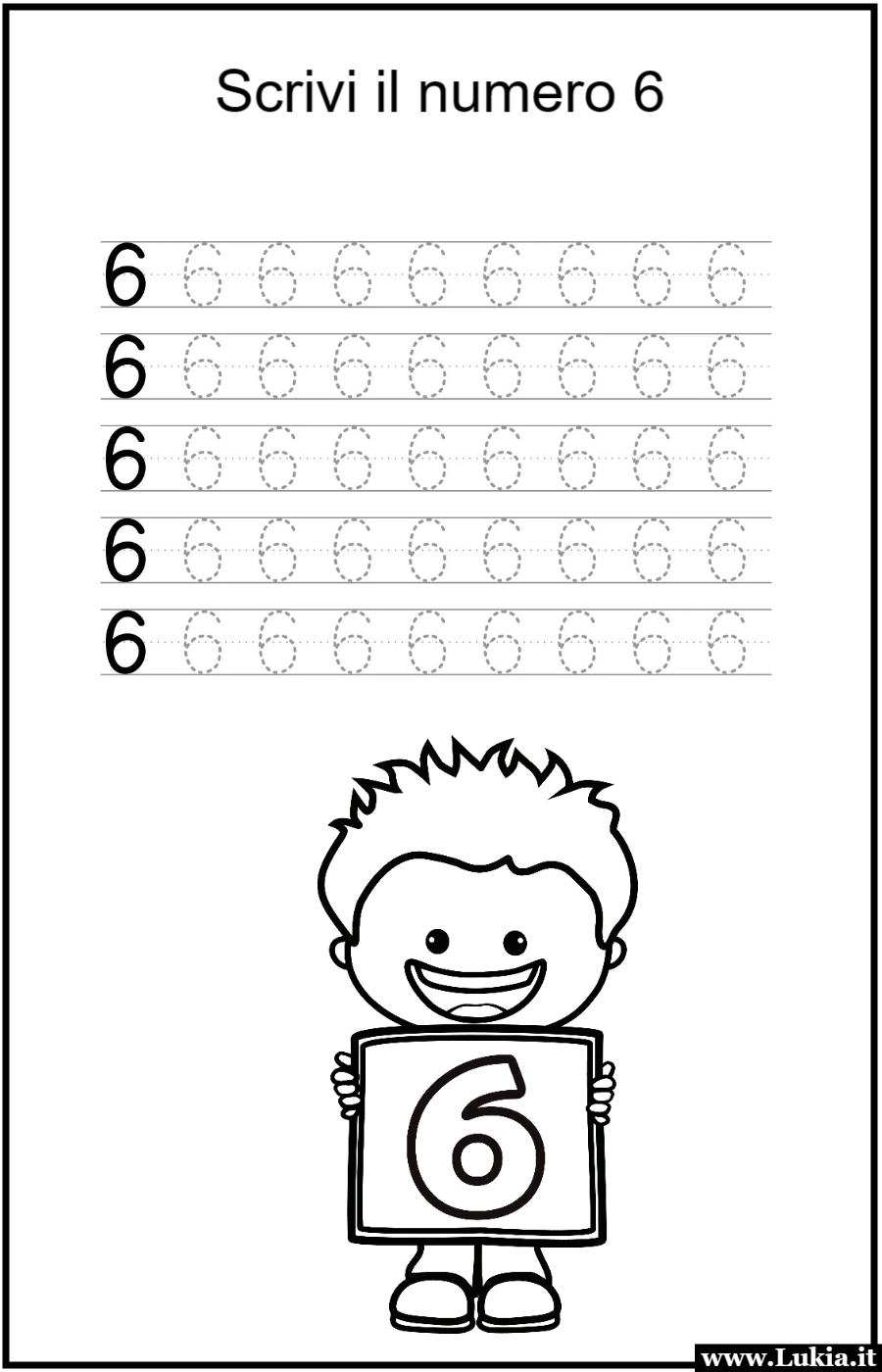 Scheda didattica per la classe prima elementare: scrivere il numero 6! Stampa gratis una scheda didattica per la classe prima elementare: Scrivere il numero 6! Esercizio interattivo per imparare a tracciare il numero 6 correttamente. Scarica e stampa ora per un apprendimento divertente dei numeri! - Immagini gratis