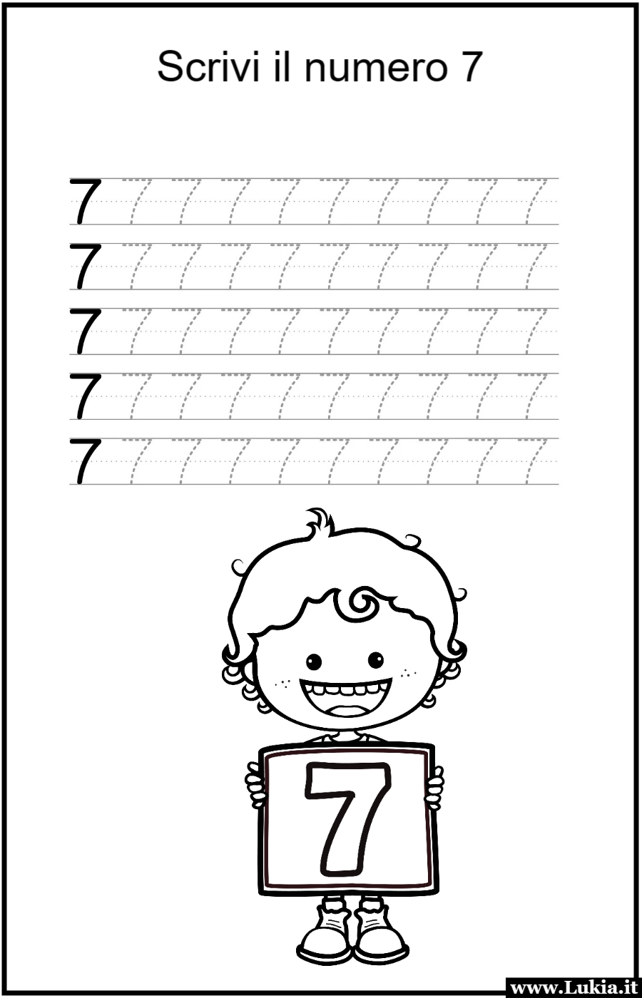 Scheda didattica per la classe prima elementare: scrivere il numero 7! Stampa gratis una scheda didattica per la classe prima elementare: Scrivere il numero 7! Esercizio interattivo per imparare a tracciare il numero 7 correttamente. Scarica e stampa ora per un apprendimento divertente dei numeri! - Immagini gratis