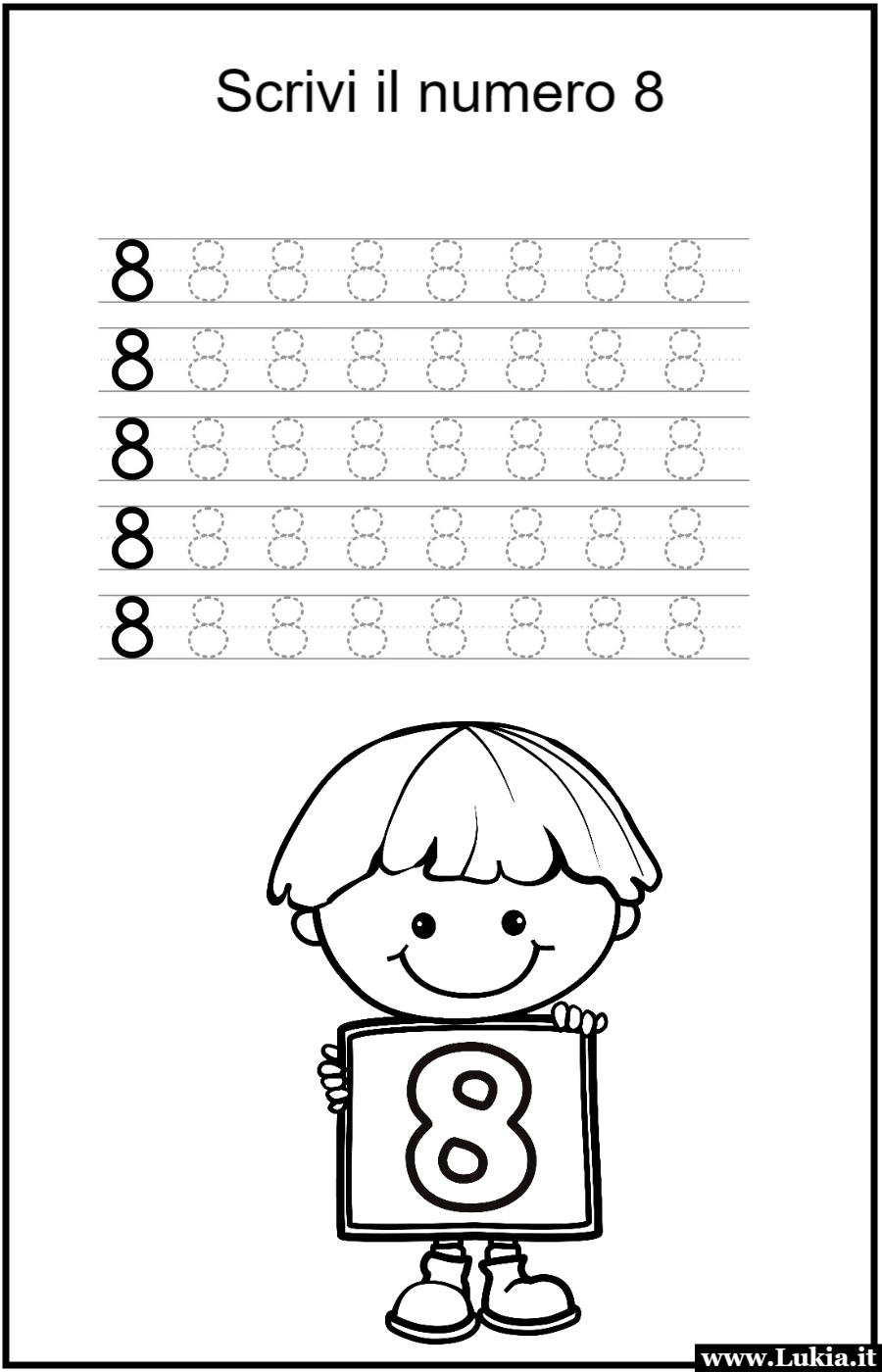 Scheda didattica per la classe prima elementare: scrivere il numero 8! Stampa gratis una scheda didattica per la classe prima elementare: Scrivere il numero 2! Esercizio interattivo per imparare a tracciare il numero 8 correttamente. Scarica e stampa ora per un apprendimento divertente dei numeri! - Immagini gratis