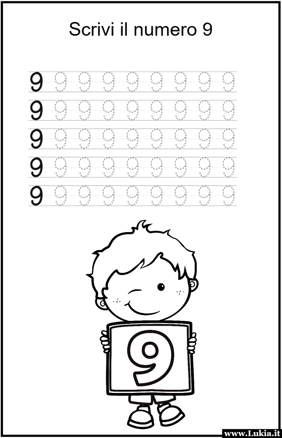 Scheda didattica per la classe prima elementare: scrivere il numero 9! Stampa gratis una scheda didattica per la classe prima elementare: Scrivere il numero 9! Esercizio interattivo per imparare a tracciare il numero 9 correttamente. Scarica e stampa ora per un apprendimento divertente dei numeri! - Immagini gratis