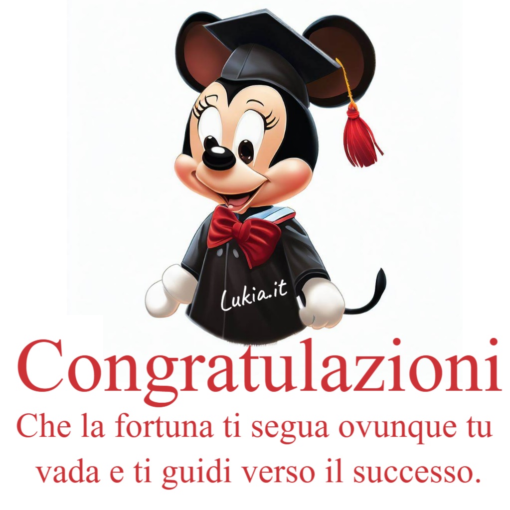 Congratulazioni per la tua laurea, che la fortuna ti segua sempre Celebrate la laurea con un articolo speciale! Un'adorabile immagine di topolina con cappello da laurenda e un messaggio di auguri che trasmette positivit e incoraggiamento. Un regalo virtuale per tutti i neolaureati che li ispirer a perseguire il successo e ad affrontare nuove sfide con fiducia. Un articolo da leggere e condividere con gioia e entusiasmo! - Immagini gratis