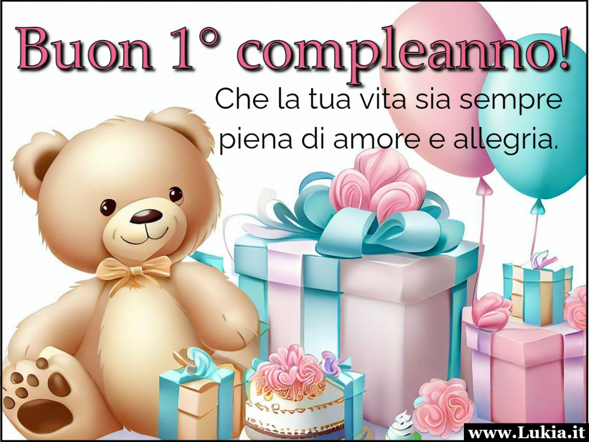 Biglietto di auguri per il primo compleanno con orsacchiotto e regali Celebra il primo compleanno di un bambino con un dolce biglietto di auguri. Un orsacchiotto e tanti regali rendono questo biglietto speciale. Augura felicit e sorprese in questo giorno unico. - Immagini gratis