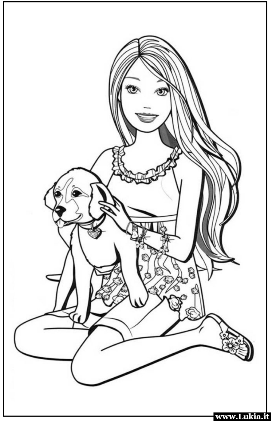Barbie e il suo cucciolo: un disegno da colorare e  per i piccoli amanti degli animali Divertitevi con il disegno da colorare gratis di Barbie e il suo cucciolo di cane! Un'adorabile scena di gioco e amore per gli animali da rendere viva con i vostri colori preferiti. - Immagini gratis
