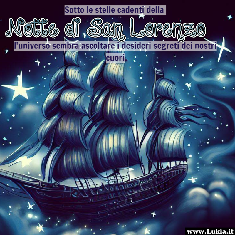 La Magia dei Desideri nella Notte di San Lorenzo: Quando l'Universo Ascolta Le frasi pi belle sulla notte di San Lorenzo.  L'immagine di una nave che naviga sotto le stelle cadenti durante la Notte di San Lorenzo rappresenta un viaggio nella speranza e nei desideri. Questa notte speciale ci ricorda che siamo parte di qualcosa di pi grande e che l'universo  in sintonia con i nostri cuori. Che tu possa trascorrere questa notte sotto il cielo stellato, immerso nei tuoi desideri pi profondi, sapendo che le stelle cadenti portano con s la promessa di possibilit illimitate. - Immagini gratis