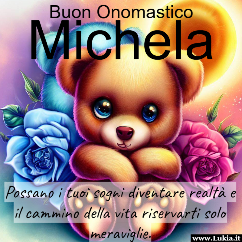 Buon onomastico Michela: Biglietto di Auguri Speciale Immagine buon onomastico Michela da condividere con tutti il 24 agosto per augurare una giornata speciale a tutte le amiche di nome Michela. - Immagini gratis