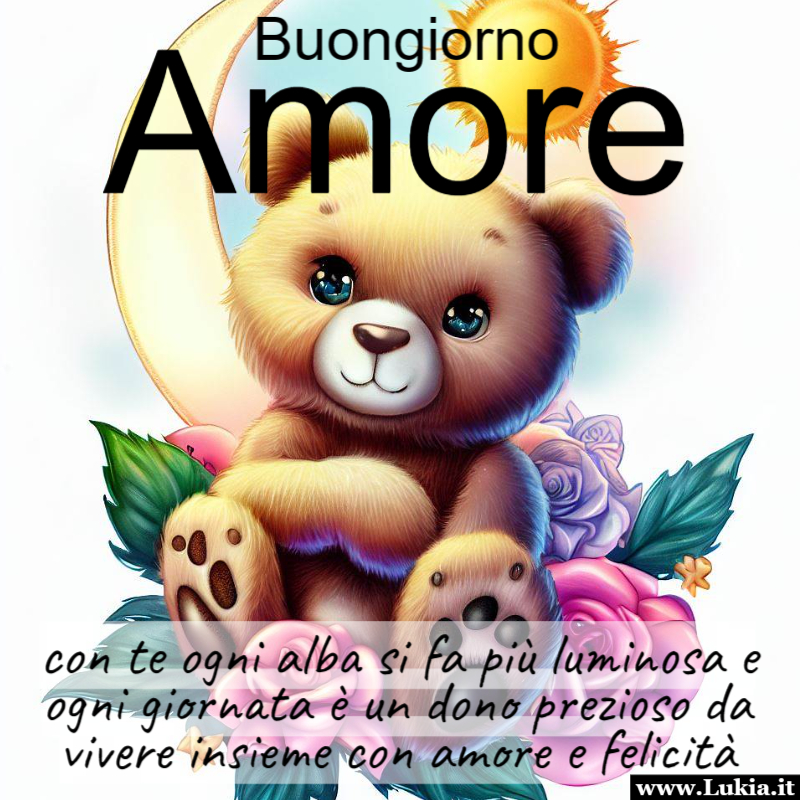 Buongiorno Amore: Un Messaggio di Dolcezza tra Orsacchiotto, Fiori e Luna Immagine Buongiorno Amore con condividere con la persona amata.  Ogni alba sar un'occasione per rafforzare il vostro legame e rendere ogni momento insieme ancora pi speciale. - Immagini gratis