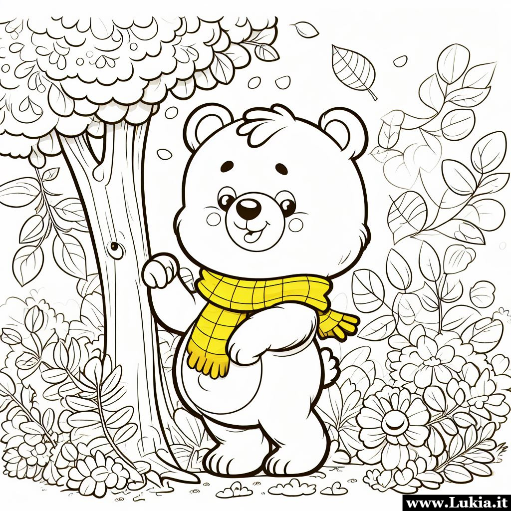 Disegno da colorare di un orso con la sciarpa gialla Disegni da colorare per bambini con dei simpatici orsi nel bosco incantato. Stampa gratis e colora disegni di orsi per bambini - Immagini gratis