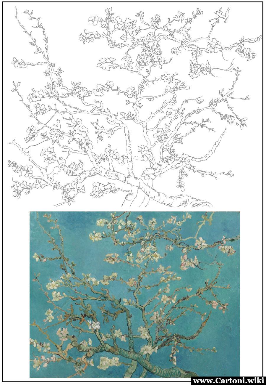 Colora Il Mandorlo in fiore di Vincent Van Gogh Con il disegno da colorare de 