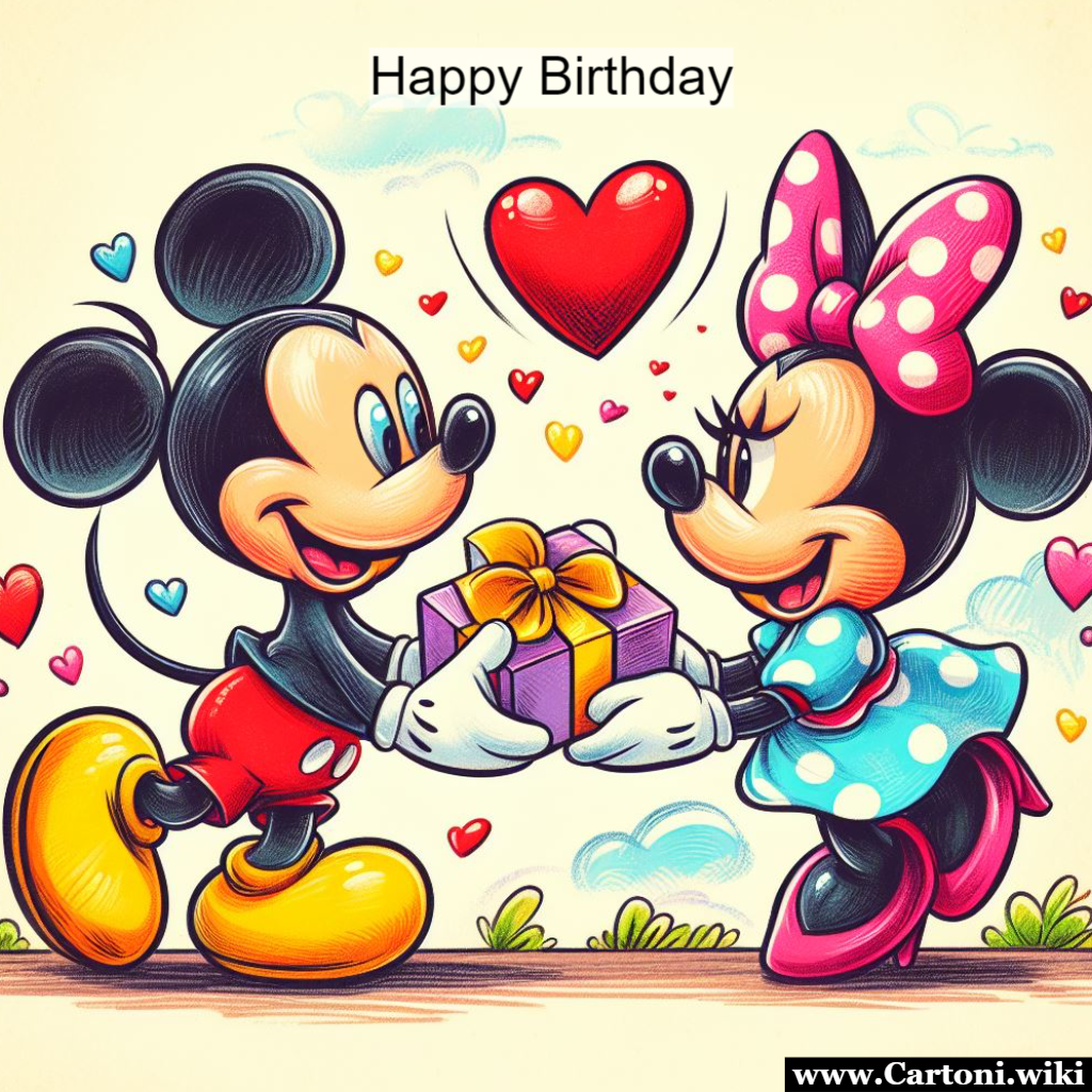 Un Compleanno Magico con Topolino e Topolina: Il Biglietto dei Cuori e della Felicit Buon compleanno Amore. Questo biglietto di auguri  un viaggio nella magia Disney, un modo speciale per augurare a Topolina un compleanno incantato. Che il gesto affettuoso di Topolino e la scritta 