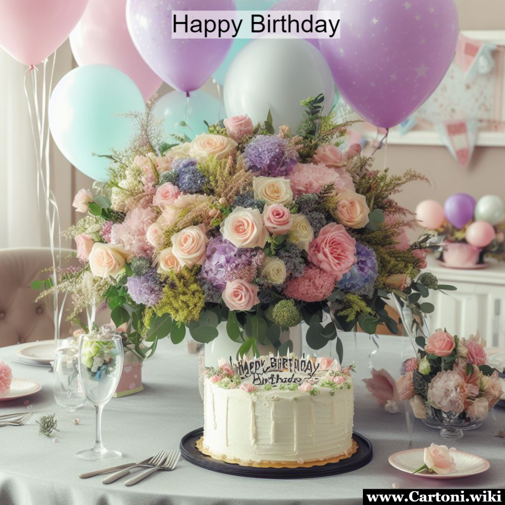 Un Compleanno Fiorito e Elegante per una Donna Unica Quest'immagine  un invito a una festa digitale carica di eleganza e amore per la donna speciale che festeggia il suo compleanno. Che la torta floreale, i palloncini e il messaggio 