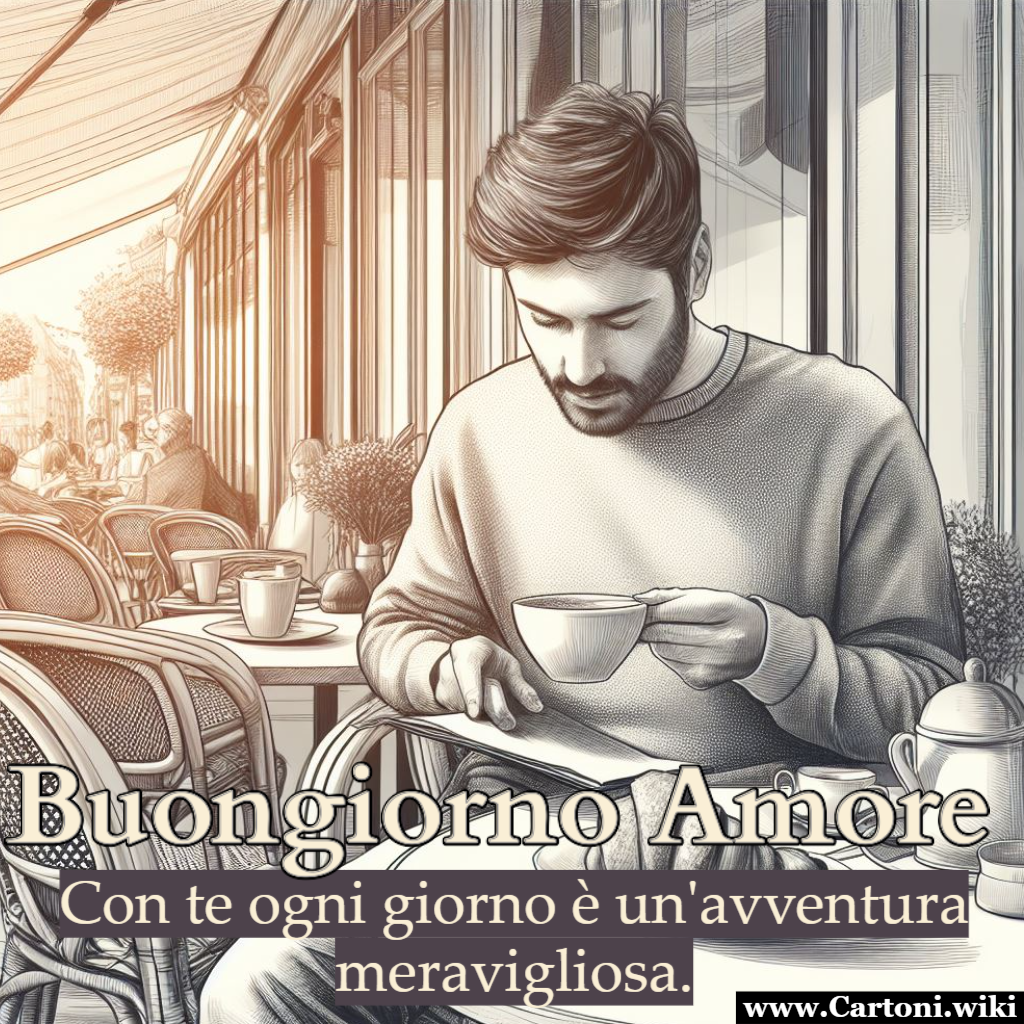 Immagini buongiorno amore per lui Immagini buongiorno amore per lui con uomo che fa colazione in un bar e la frase Con te ogni giorno  un'avventura meravigliosa. - Immagini gratis