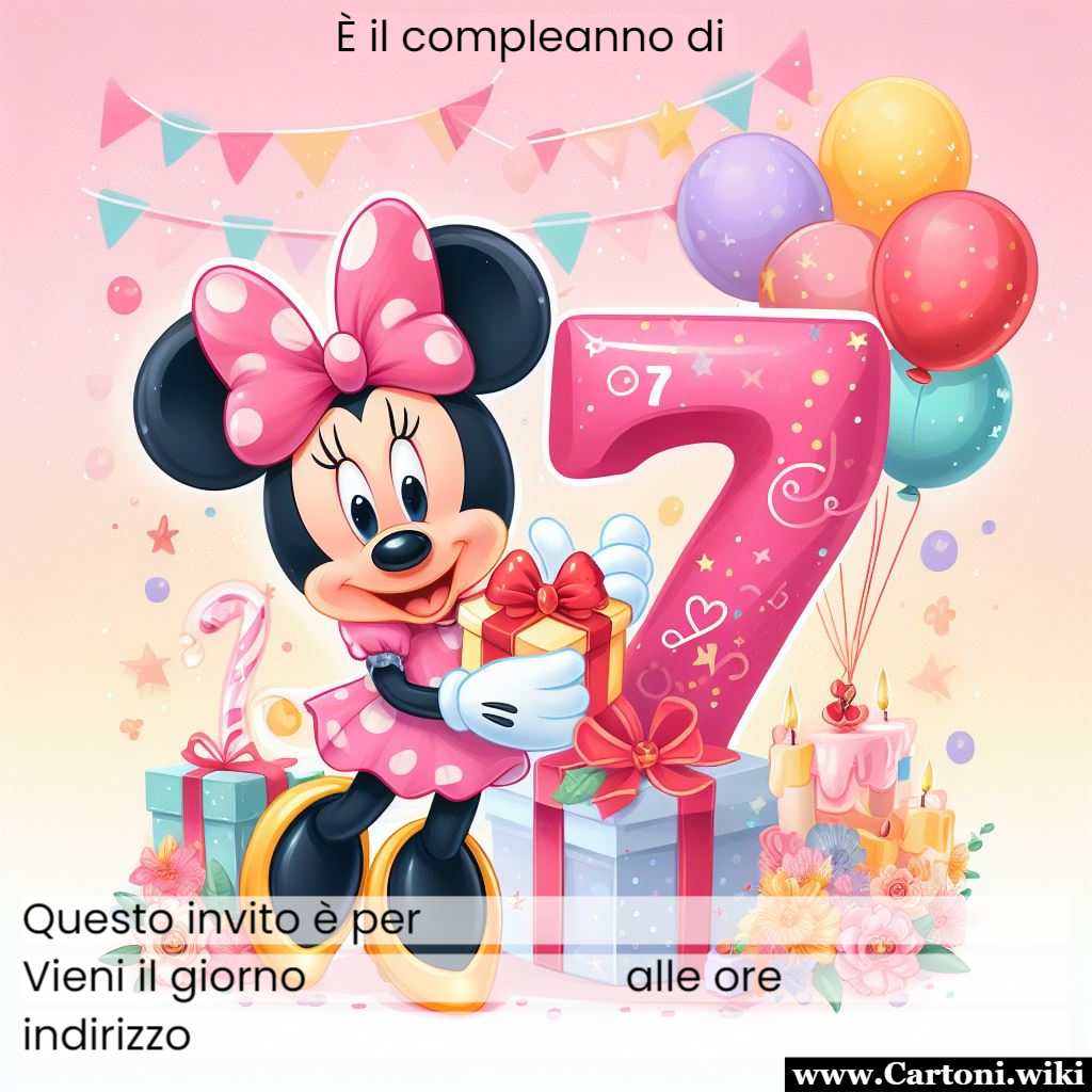 Invito compleanno bambina 7 anni Invito festa di compleanno bambina con Topolina seduta tra regali e palloncini. - Immagini gratis