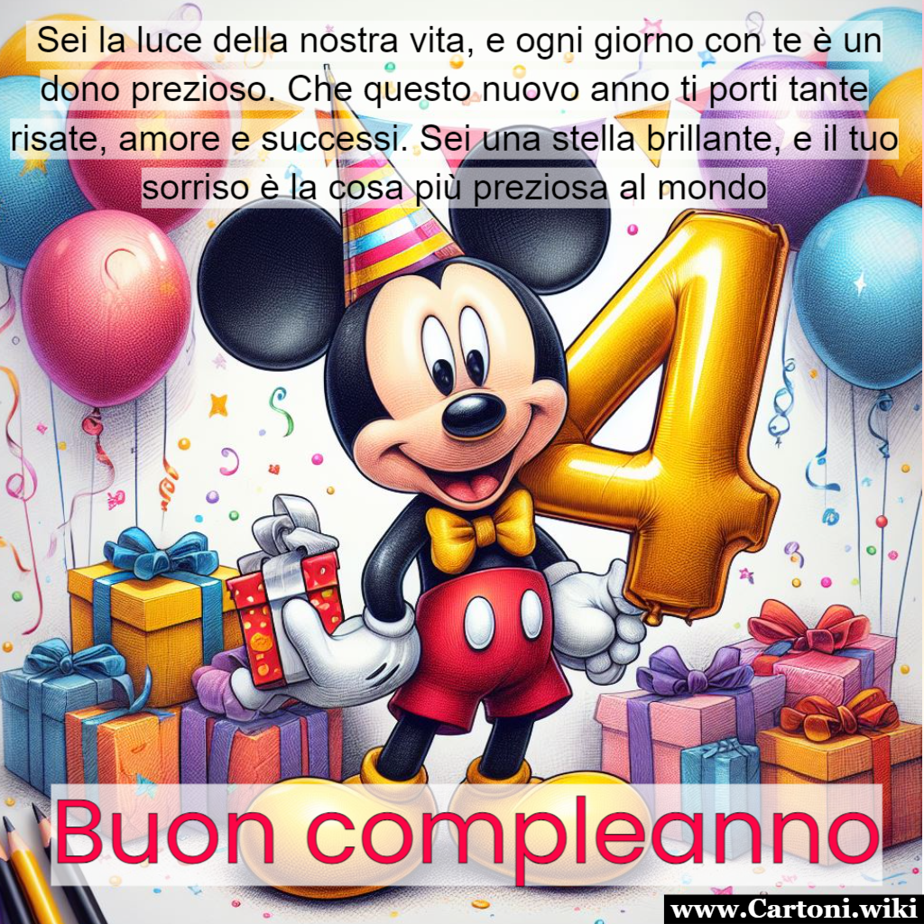 Buon compleanno a mio figlio che compie 4 anni Buon compleanno a mio figlio che compie 4 anni insieme al famoso Topolino circondato da regali e palloncini e una dedica speciale. - Immagini gratis