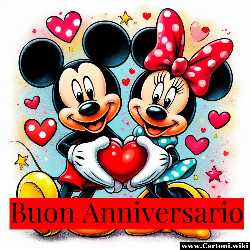 Buon Anniversario: biglietto di auguri con Topolino e Topolina Biglietto di auguri buon anniversario con Topolino e Topolina e tanti cuori rossi da condividere con chi festeggia l'anniversario. - Immagini gratis