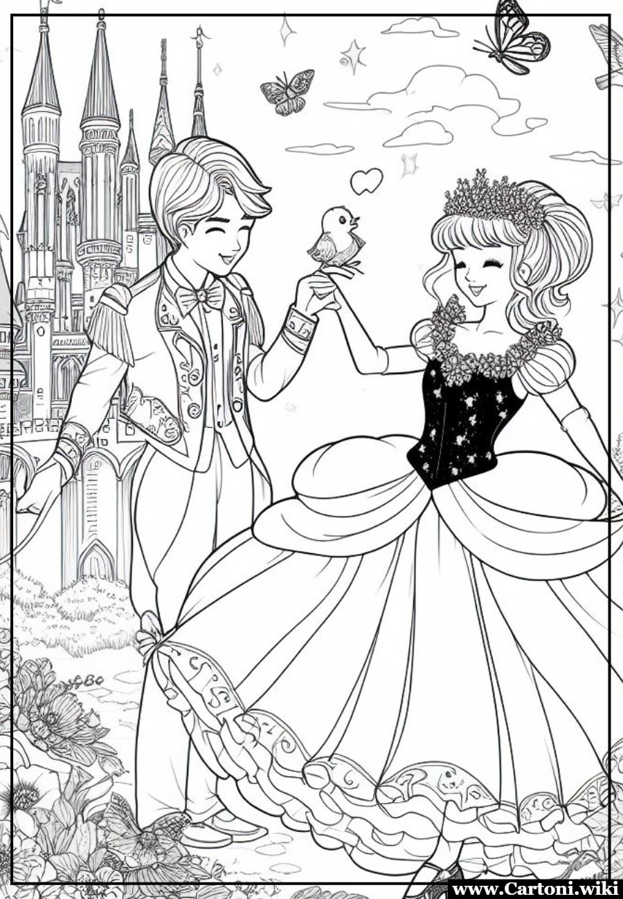 Colora Cenerentola e il principe Disegno da colorare della principessa Cenerentola mentre balla con il principe da stampare gratis per bambini che amano immaginare questa bellissima storia di amore. - Immagini gratis