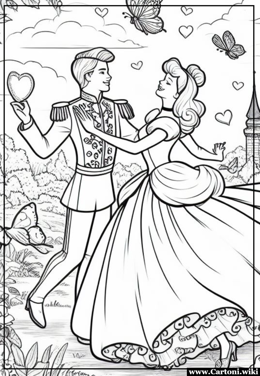 Cenerentola e il principe che ballano disegno per bambini Disegno da colorare di Cenerentola che balla con il principe circondata da uccellini e cuori. Stampa gratis per bambini. - Immagini gratis