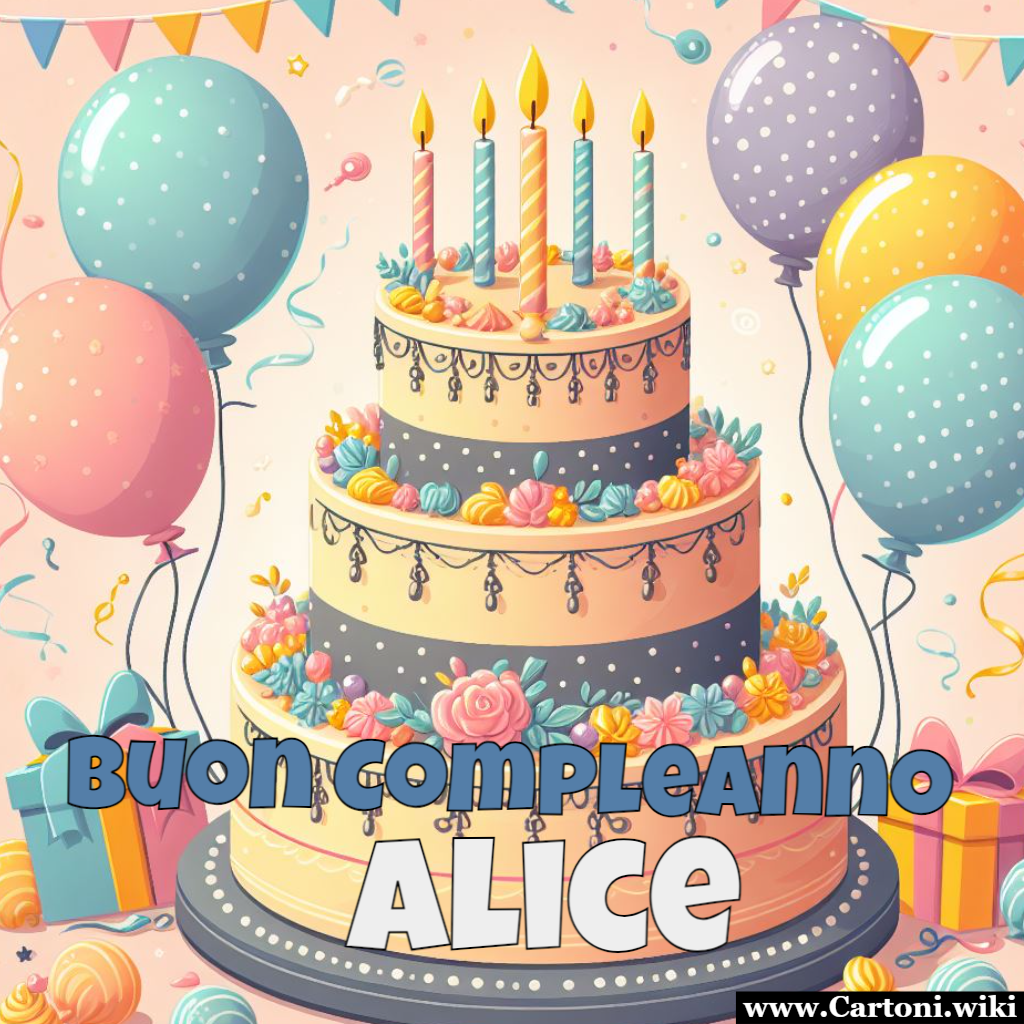 Auguri Magici per Alice: Biglietti Personalizzati con una Torta da Sogno Festeggia il compleanno di Alice con un biglietto straordinario! Il suo nome brilla su una torta magica a 3 piani. Stampa o personalizza online per un regalo indimenticabile! - Immagini gratis