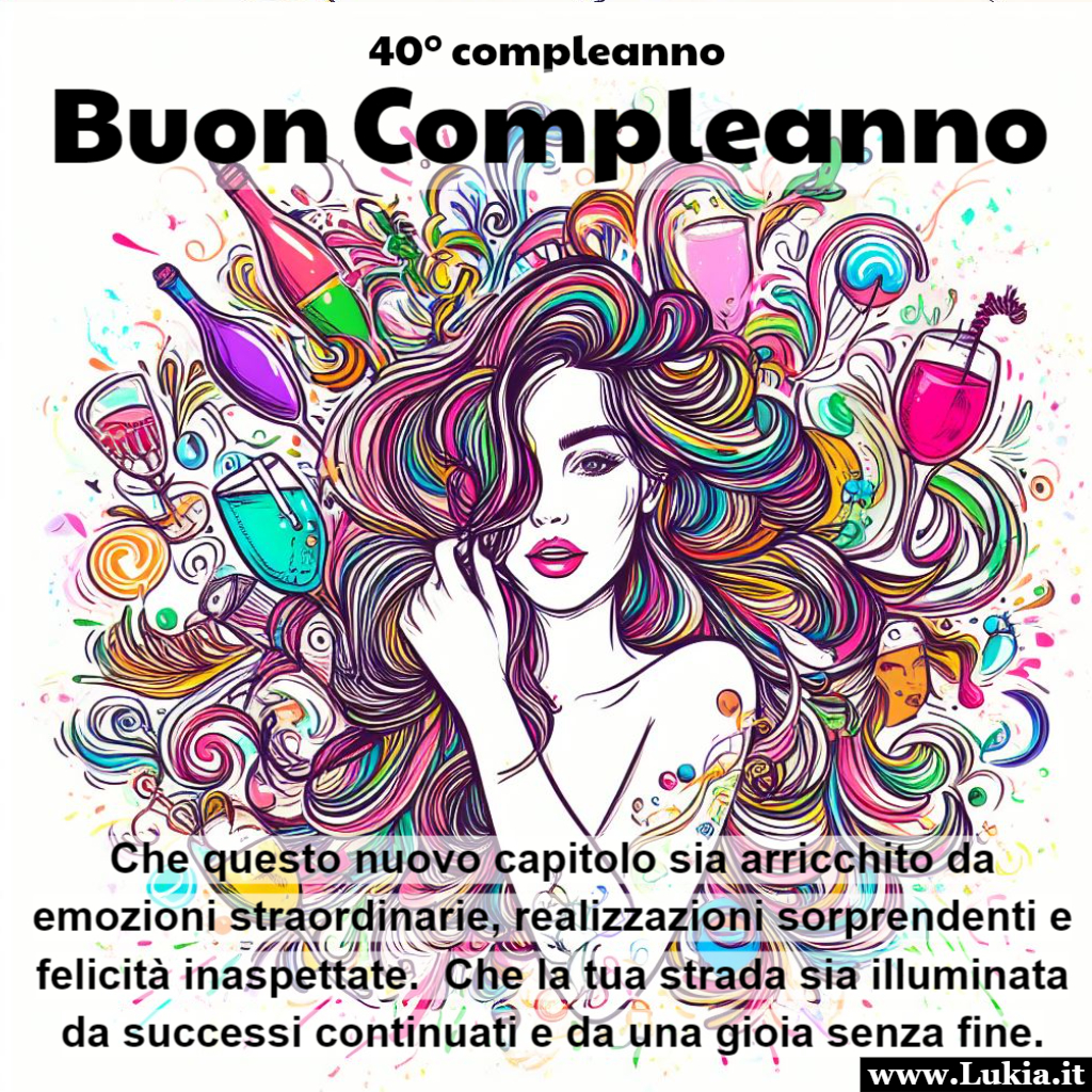 Buon compleanno per i tuoi 40 anni Immagine buon compleanno per i 40 anni di una donna speciale con spumante e palloncini colorati da stampare per creare un bellissimo biglietto di auguri. - Immagini gratis