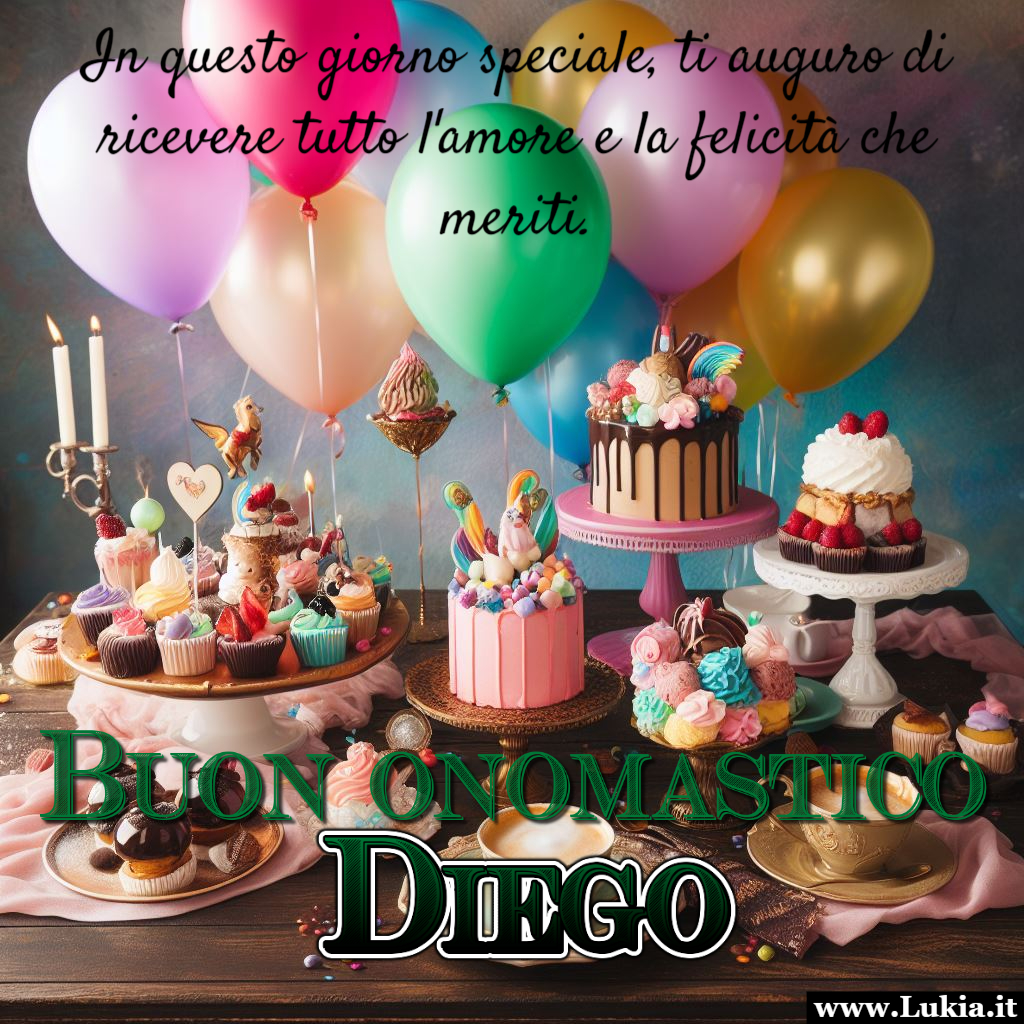 Buon onomastico Diego ti auguro tanta felicit Immagine buon onomastico Diego da stampare e condividere gratis con le persone che portano questo nome. Auguri Diego - Immagini gratis