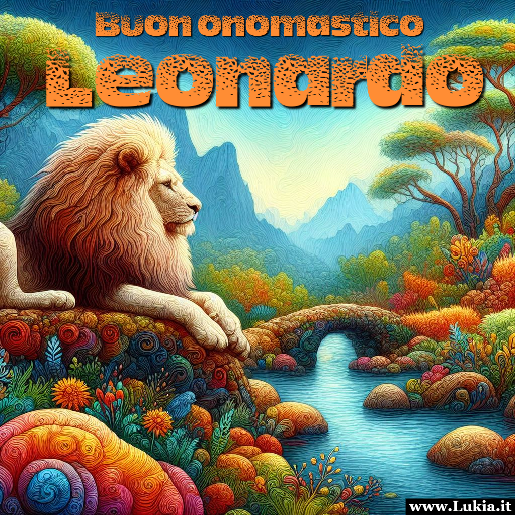 Buon onomastico Leonardo Immagini di auguri buon onomastico Leonardo con un maestoso leone immerso in un paesaggio colorato rilassante e tranquillo. Auguri Leonardo - Immagini gratis