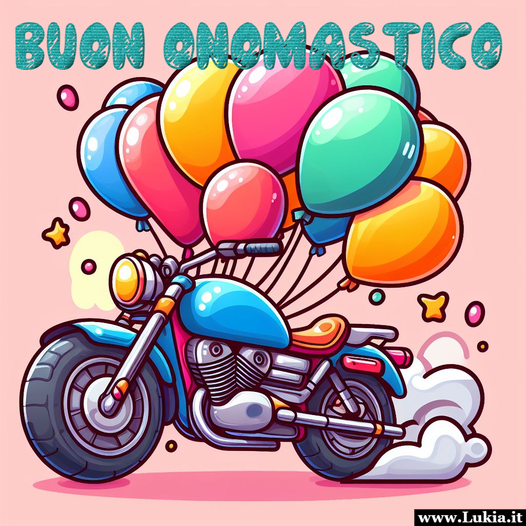 Buon onomastico con moto e palloncini colorati Immagini auguri buon onomastico da condividere o da stampare gratis.  In questo biglietto di auguri trovi una moto con tanti palloncini colorati. - Immagini gratis