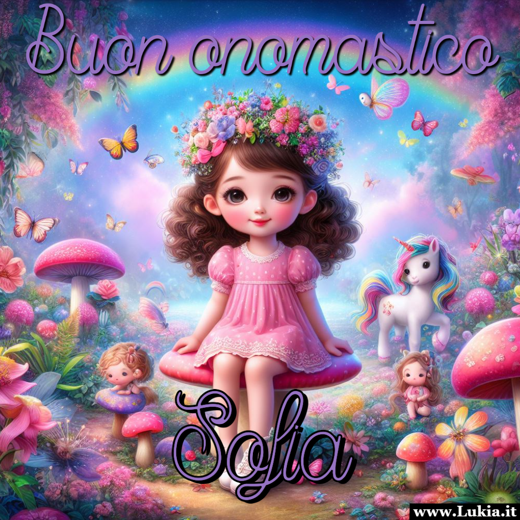 Buon onomastico Sofia con un mondo di magia Buon Onomastico, Sofia! Che il tuo cammino sia sempre illuminato dalla luce magica che porti nel cuore. In questo giorno speciale, vogliamo augurare a tutte le Sofia un onomastico pieno di magia, dolcezza e affetto. Che il mondo incantato che abbiamo dipinto con le parole e l'immagine possa essere un riflesso della bellezza e della gioia che portate con voi. - Immagini gratis