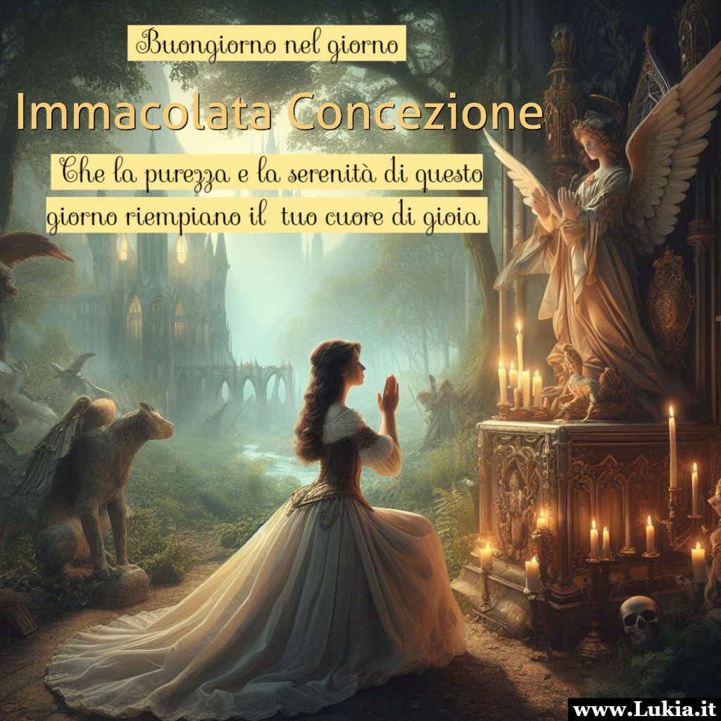 Buongiorno con la Luce dell'Immacolata Concezione Buongiorno nel giorno dell'Immacolata Concezione! Che la luce di questa giornata riempia i nostri cuori di purezza, serenit e gioia. Possiamo accogliere questa festa come un'opportunit di crescita spirituale e di riflessione, preparandoci interiormente per il periodo natalizio che ci attende. Che il resto della giornata sia colmo di pace e benedizioni.  - Immagini gratis