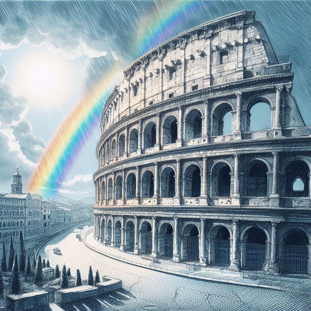 Disegno in bianco e nero del Colosseo e un colorato arcobaleno