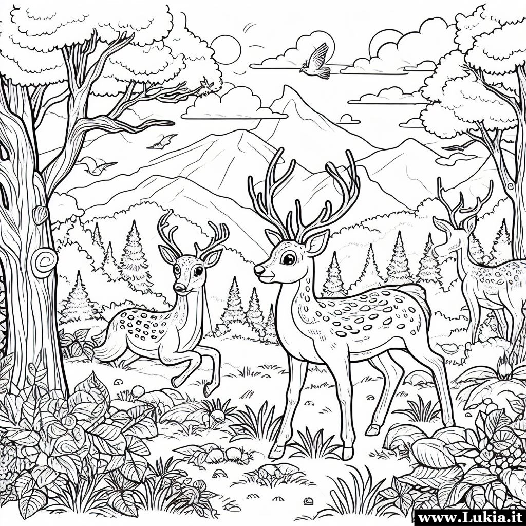 immagini da stampare e colorare di cervi che giocano nel bosco