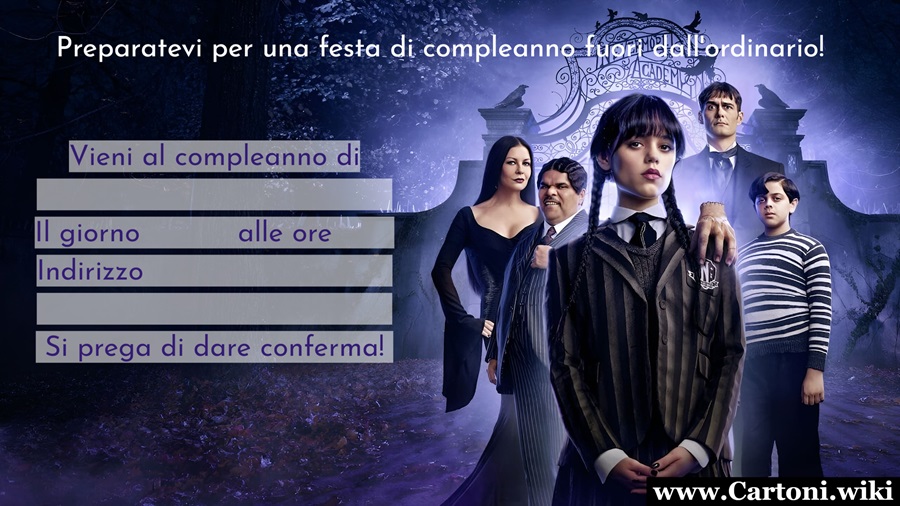 Mercoled Addams invito festa di compleanno Preparatevi per una festa di compleanno che far rabbrividire di gioia! In questo articolo, vi presentiamo un invito spettrale e affascinante che celebra il compleanno con lo stile unico della Famiglia Addams, e in particolare con Mercoled in primo piano. Sia che preferiate stamparlo gratuitamente e compilarlo a mano, o personalizzarlo online, questo invito sar il perfetto biglietto da visita per un'esperienza indimenticabile. - Immagini gratis