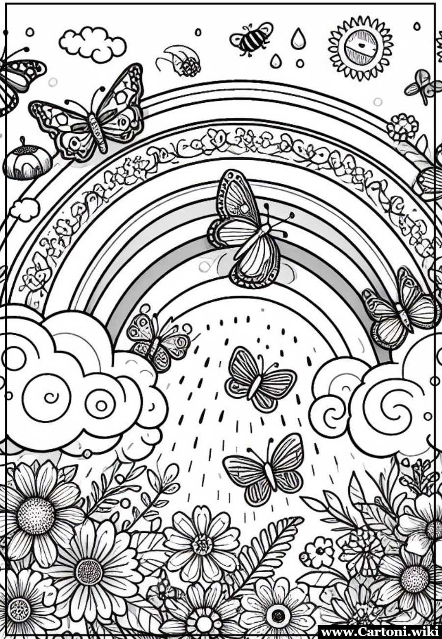 Disegni da colorare arcobaleno Immagine arcobaleno,  farfalle e fiori da stampare e colorare per bambini. Stampa gratis  e dai vita ad un arcobaleno di colori - Immagini gratis