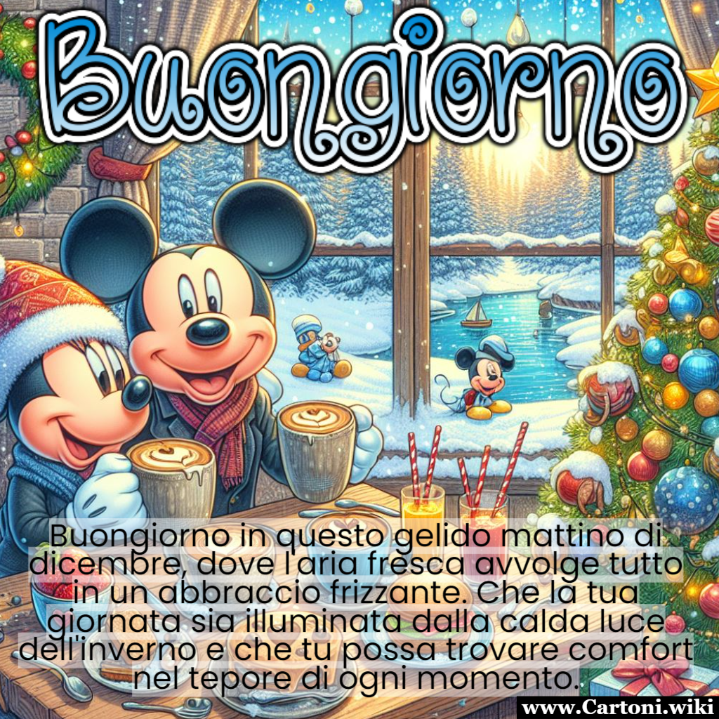 Buongiorno dicembre: Una Colazione in Compagnia della Neve e dell'Albero di Natale Che la vostra giornata inizi con la stessa gioiosa energia di Topolino e Minnie, immersi in un mondo di neve scintillante e profumo di festa. Buongiorno, cari lettori, che la magia di dicembre vi accompagni lungo tutto il giorno! - Immagini gratis