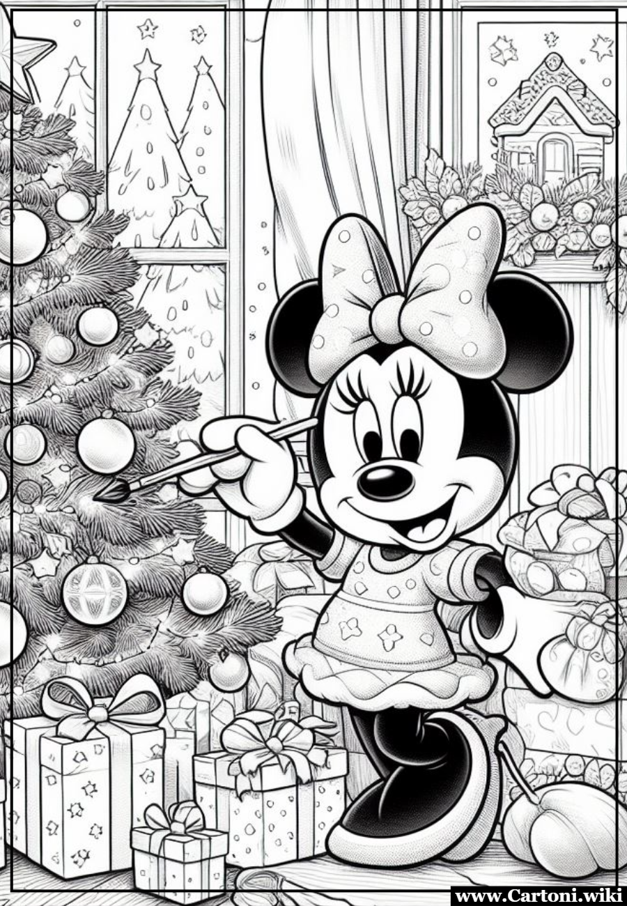 Disegno da colorare: Scopriamo la Magia del Natale con Topolino e Topolina Disegno da colorare di Minnie che prepara l'albero di Natale. Divertiti con la simpatica Topolina a scegliere i colori per le decorazioni dell'albero di Natale. - Immagini gratis