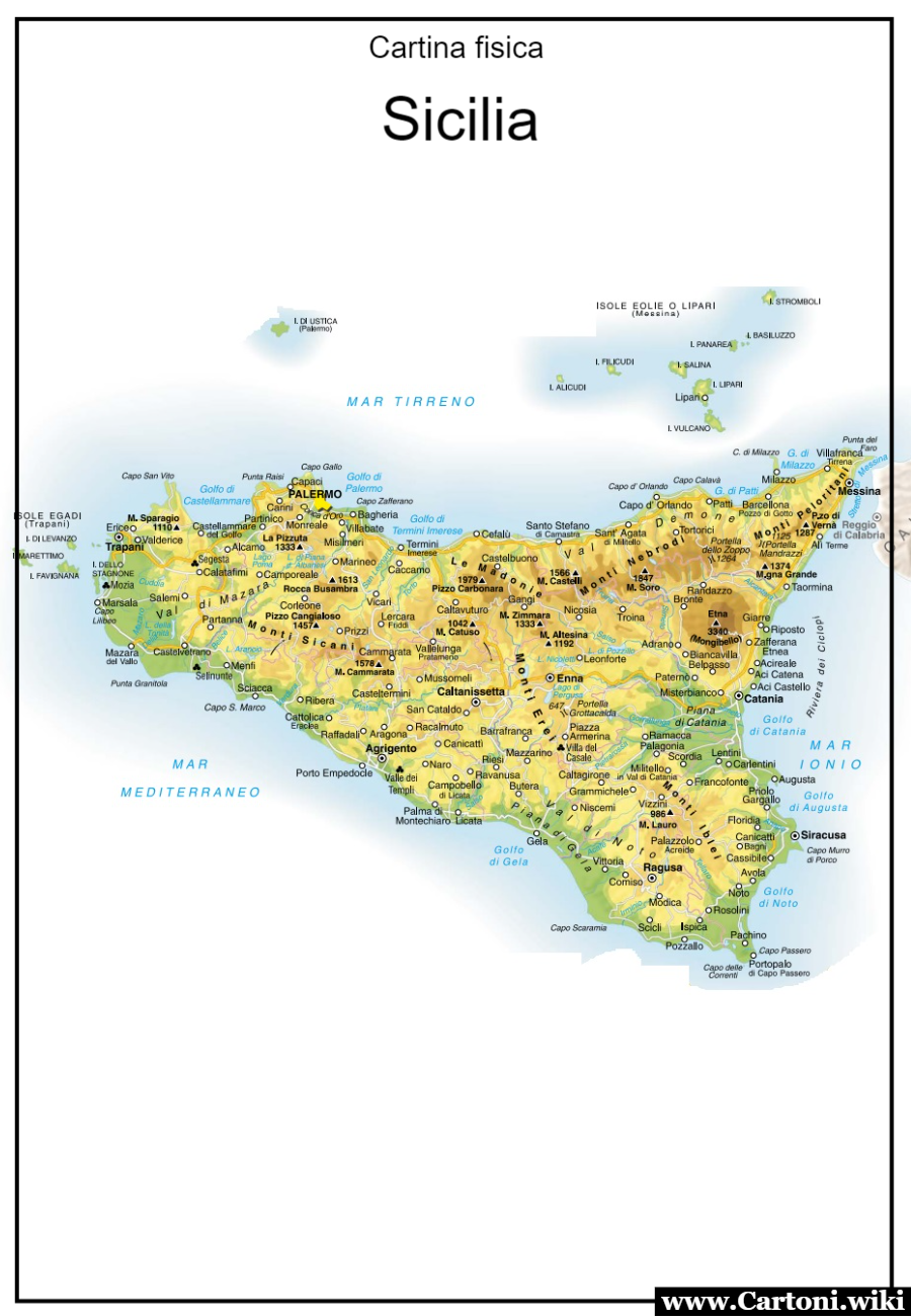Regione Sicilia: cartina fisica da stampare