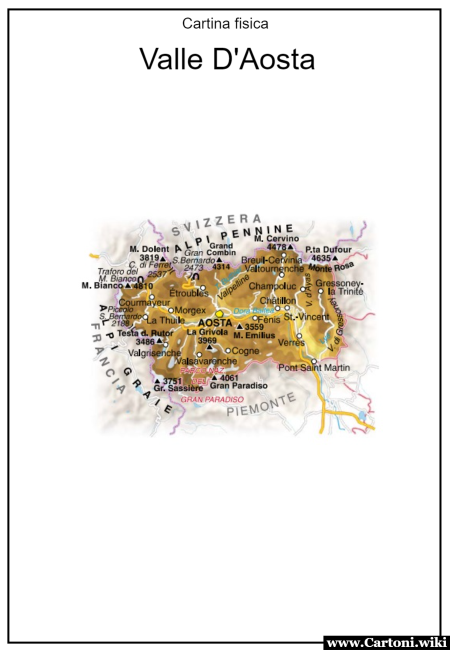 Valle D'Aosta: cartina fisica da stampare Stampare una cartina fisica della Valle d'Aosta è il primo passo per vivere appieno l'esperienza di questa regione alpina. Che tu sia un appassionato escursionista, un cultore della cultura o semplicemente desideroso di esplorare le Alpi italiane, la cartina fisica sarà la tua chiave per scoprire la bellezza senza tempo della Valle d'Aosta. Preparati a un'avventura indimenticabile tra cime imponenti e tesori storici! - Immagini gratis