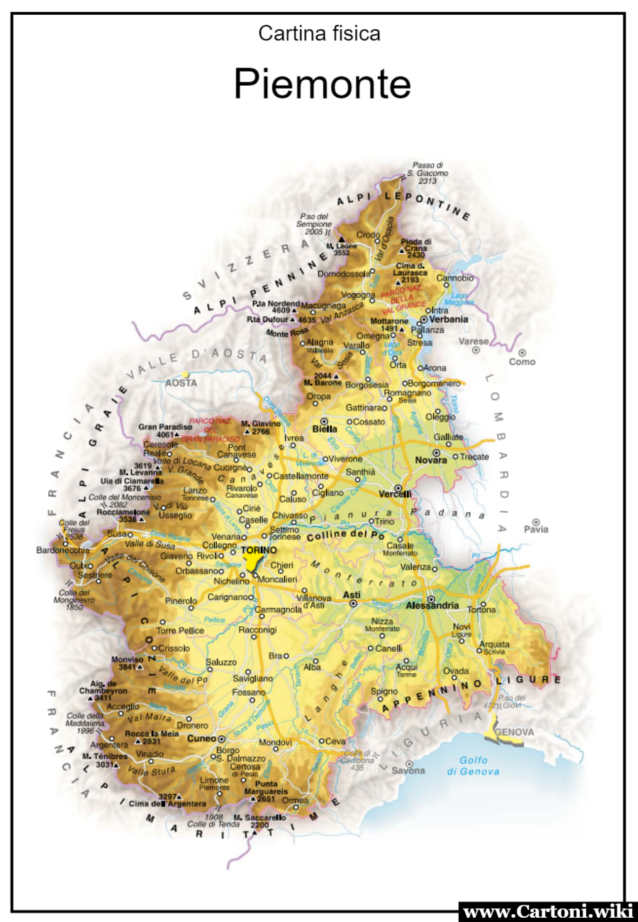 Piemonte: cartina fisica da stampare